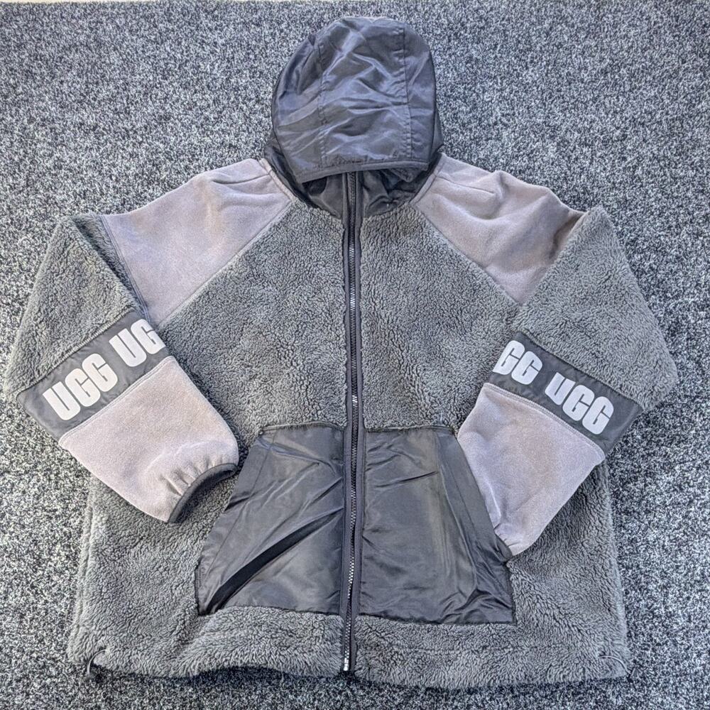 RARE UGG Sample Prototype Sherpa Fleece Hooded Full Zip Jacket Gray large
